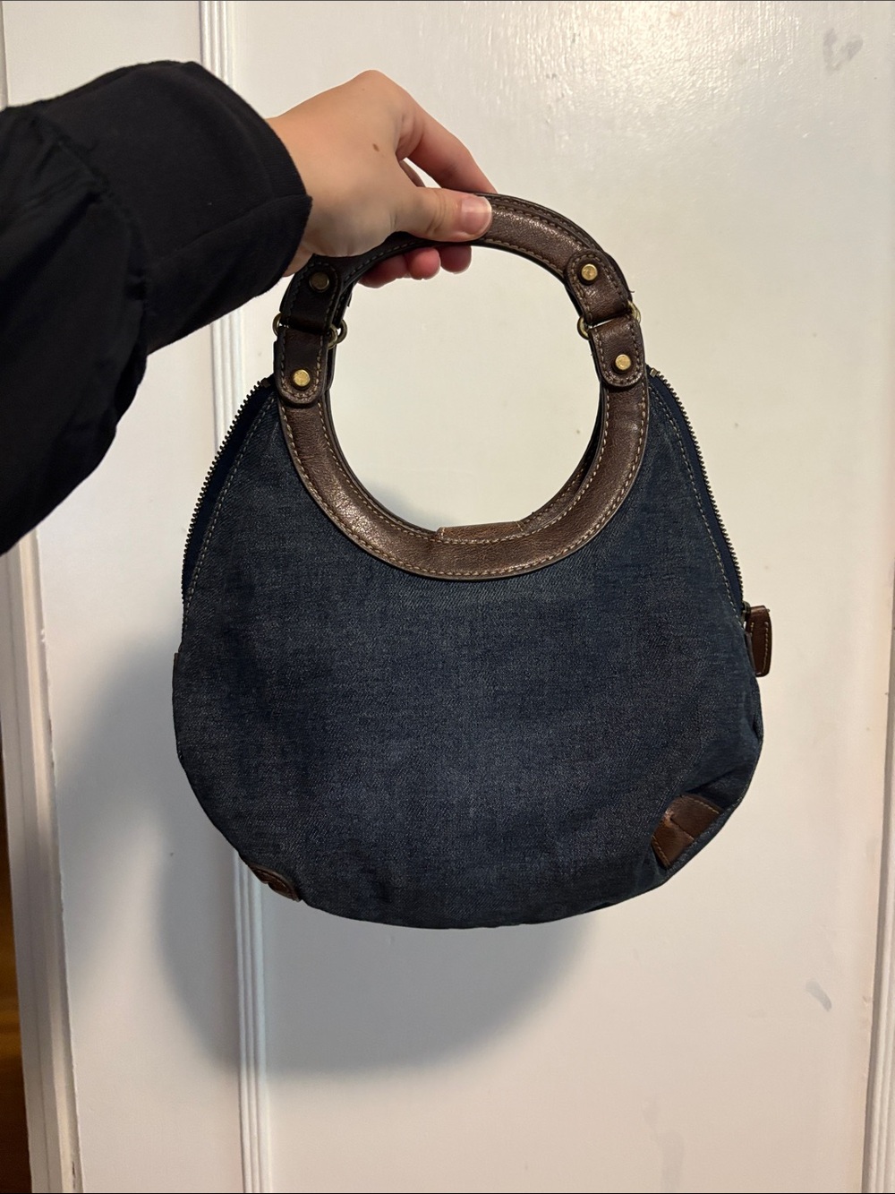 Nine West Classic Round Denim Handbag with Brown Leather Handles